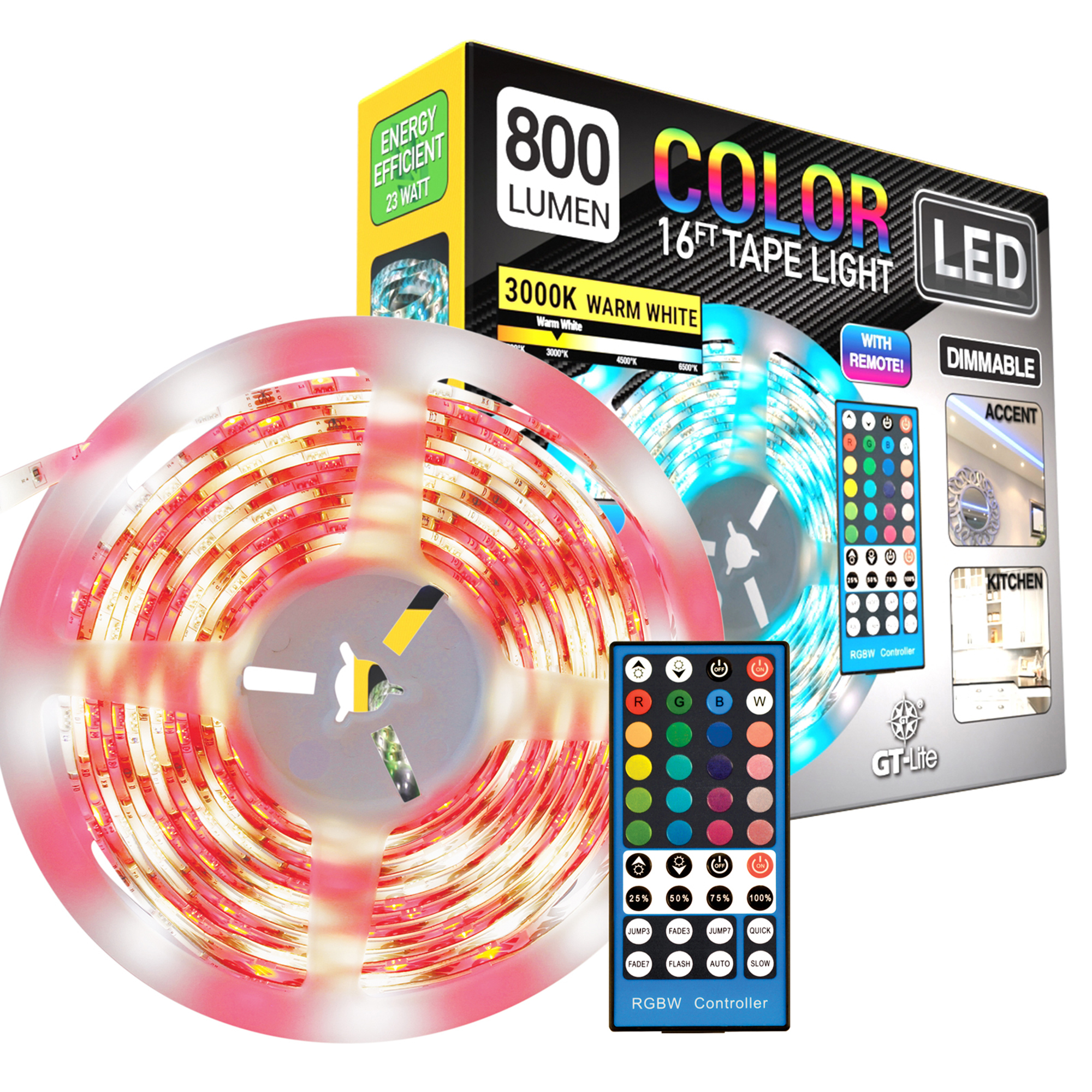 GT Lite LED Color Tape Light Kit — 16ft., 800 Lumens, 20 Colors, Dimmable, Remote, Cut & Link Up to 28ft., Model# GT-LTP-3